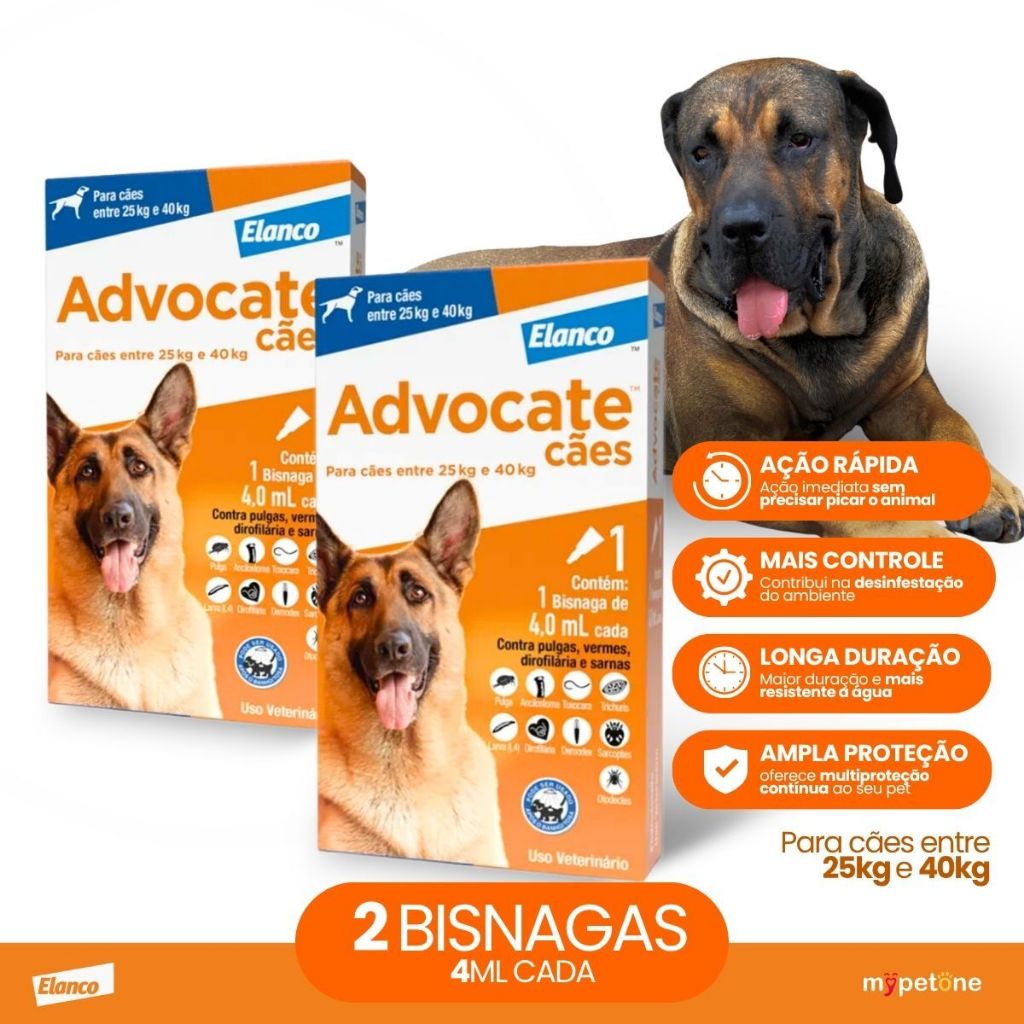 Kit 2 Antipulgas Advocate Elanco 4,0 mL para Cães de 25 Kg até 40 Kg - 1 Bisnaga
