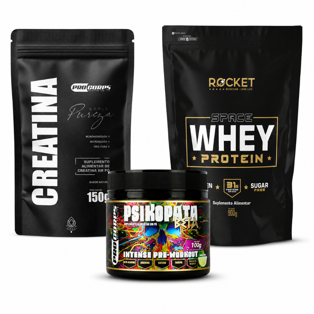 Kit Whey + Creatina Pura + Pré Treino Ganho De Massa