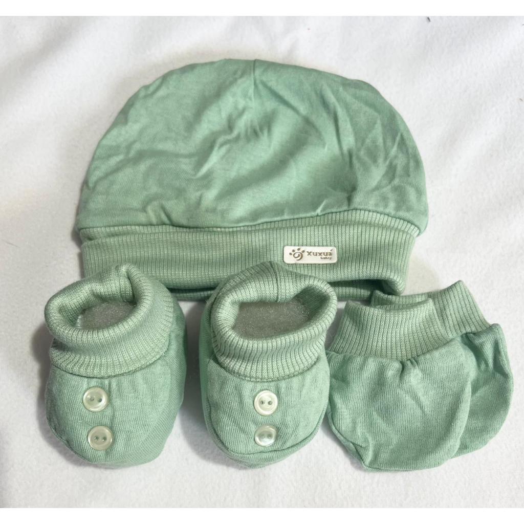 KIT TOUCA/GORRO, LUVAS E BOTINHA SAPATINHO PANTUFA BEBÊ MALHA VERE ERVA DOCE