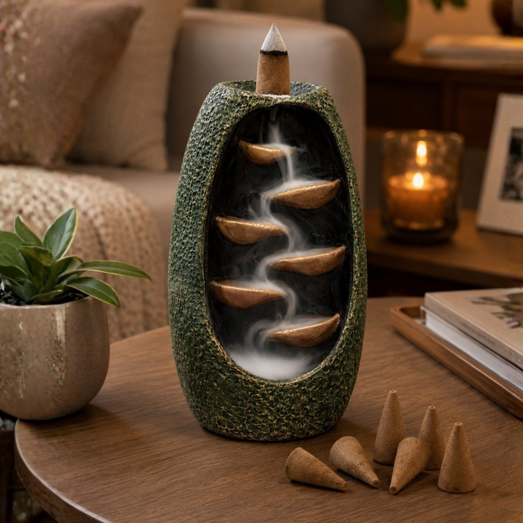 Imagem Incensário Cascata 6 Quedas Decorativo Resina Porta Incenso Cone Zen Feng Shui Aromatizador Ambiente 18cm