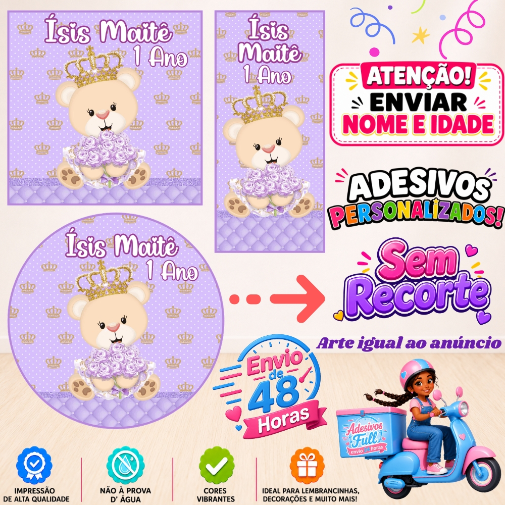 Ursinha Princesa Lilás - 100/60/40 Adesivos Personalizados Lembrancinhas Festa Aniversário