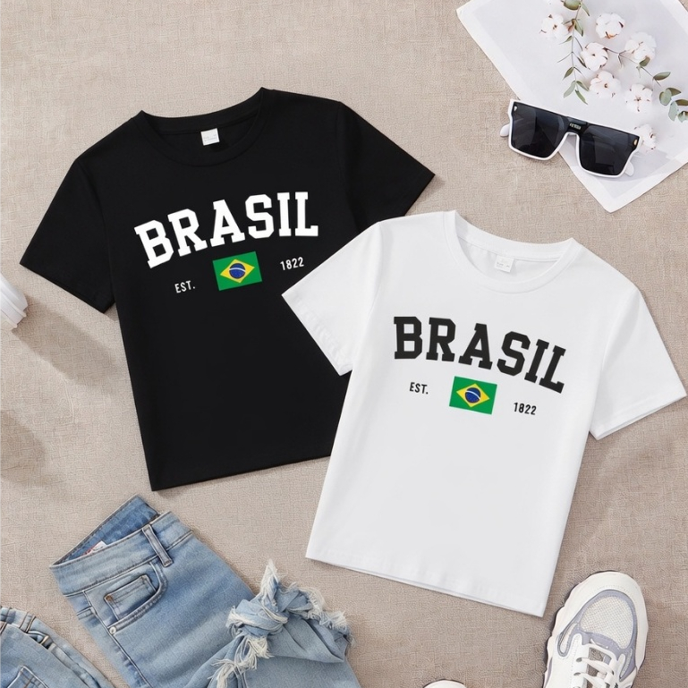 Kit 2 Camisetas Femininas Brasil Bandeira Estampada T-Shirt Casual Copa do Mundo Premium
