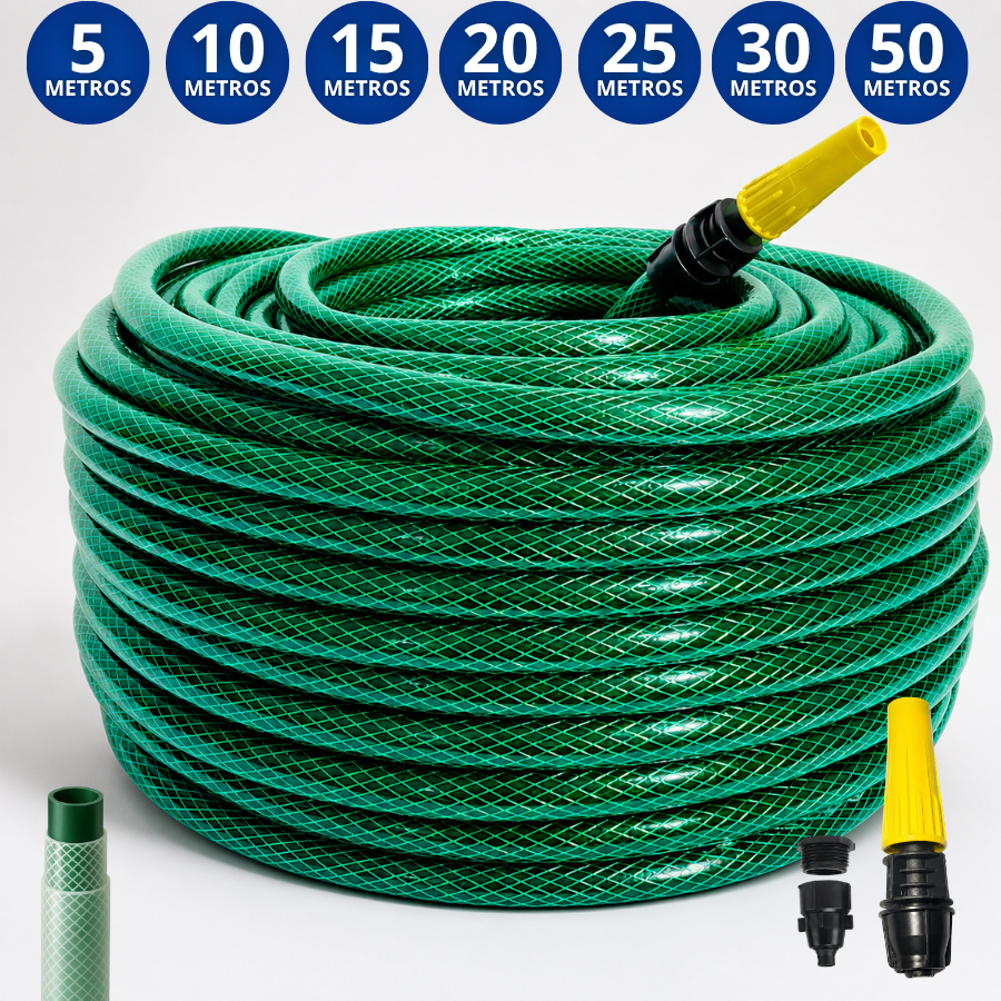 Mangueira de Jardim Anti-Torção Anti-Dobra Reforçada Trançada PVC 3 Camadas Verde Flexível Horta