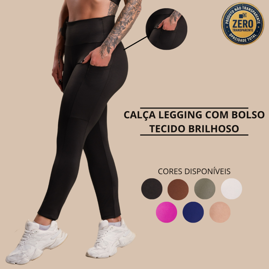 Calça Legging Feminina Com Bolso Cintura Alta Tecido Brilhoso Sem Transparência Academia Fitness ZERO TRANSPARÊNCIA