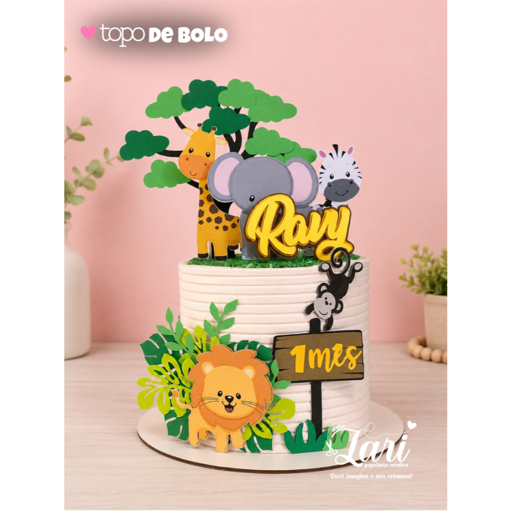 Topo de Bolo SAFARI Personalizado | Nome + Idade | Pronto p Uso | Aniversário | Mesversário