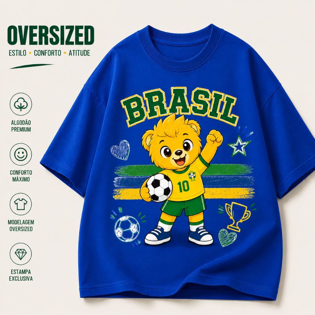 Camiseta Infantil Menino Oversized Brasil 100% Algodão Copa do Mundo Roupa Criança Amarela Verde Roupas Infantil