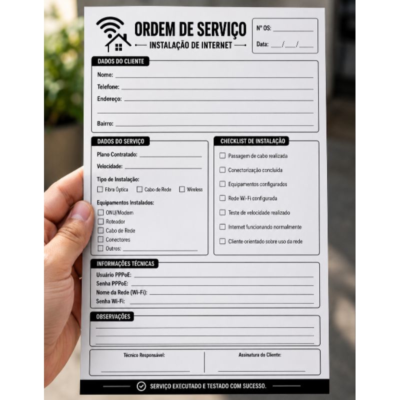 Ordem de Serviço Instalação de Internet 14x20 cm | Ficha Técnica Fibra Óptica Wi-Fi Provedor Telecom