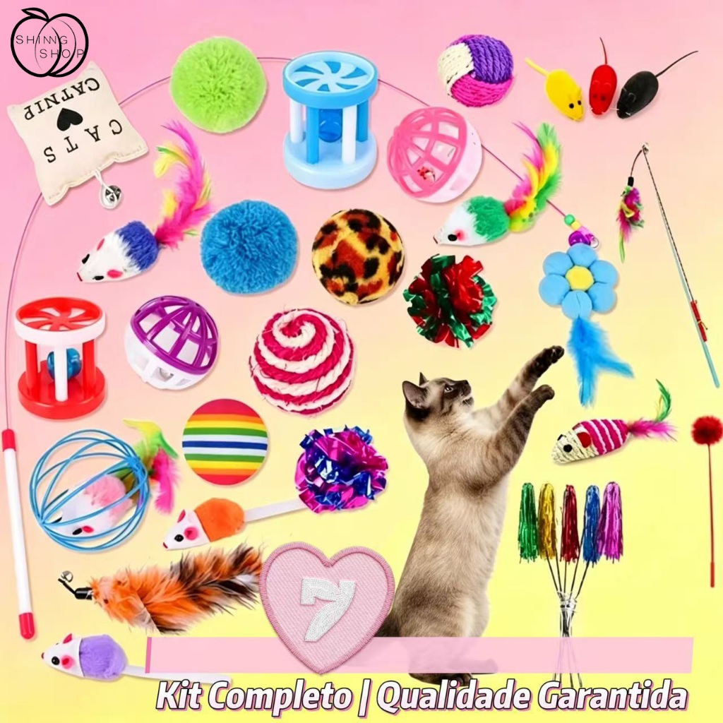 Kit 7 Brinquedos para Gatos com Varinha de Pena Interativos para Gatos Anti-Stress