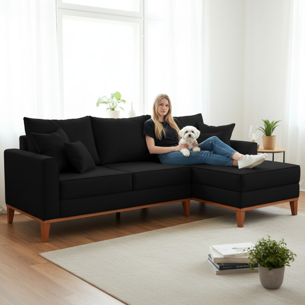 Sofá 3 Lugares Beny com Chaise Direito Suede Preto