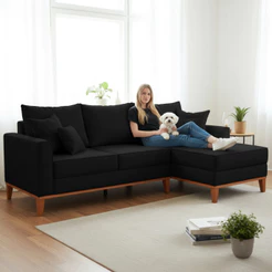 Sofá 3 Lugares Beny com Chaise Direito Suede Preto