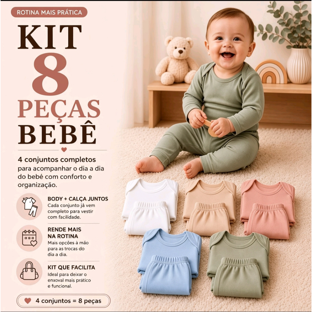 Kit 8 Peças De Body Manga Longa e MIjão Bebe Infantil Inverno