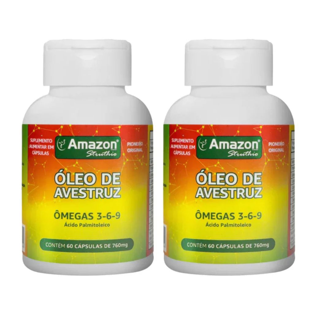 KIT2 Óleos de Avestruz 60cp Amazon Struthio Ômegas Vitamina Suplemento Muscular Academia