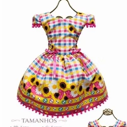 Vestido infantil xadrez luxo festa junina quadrilha 1 ao 12 anos xadrez vermelho, rosa , girassol