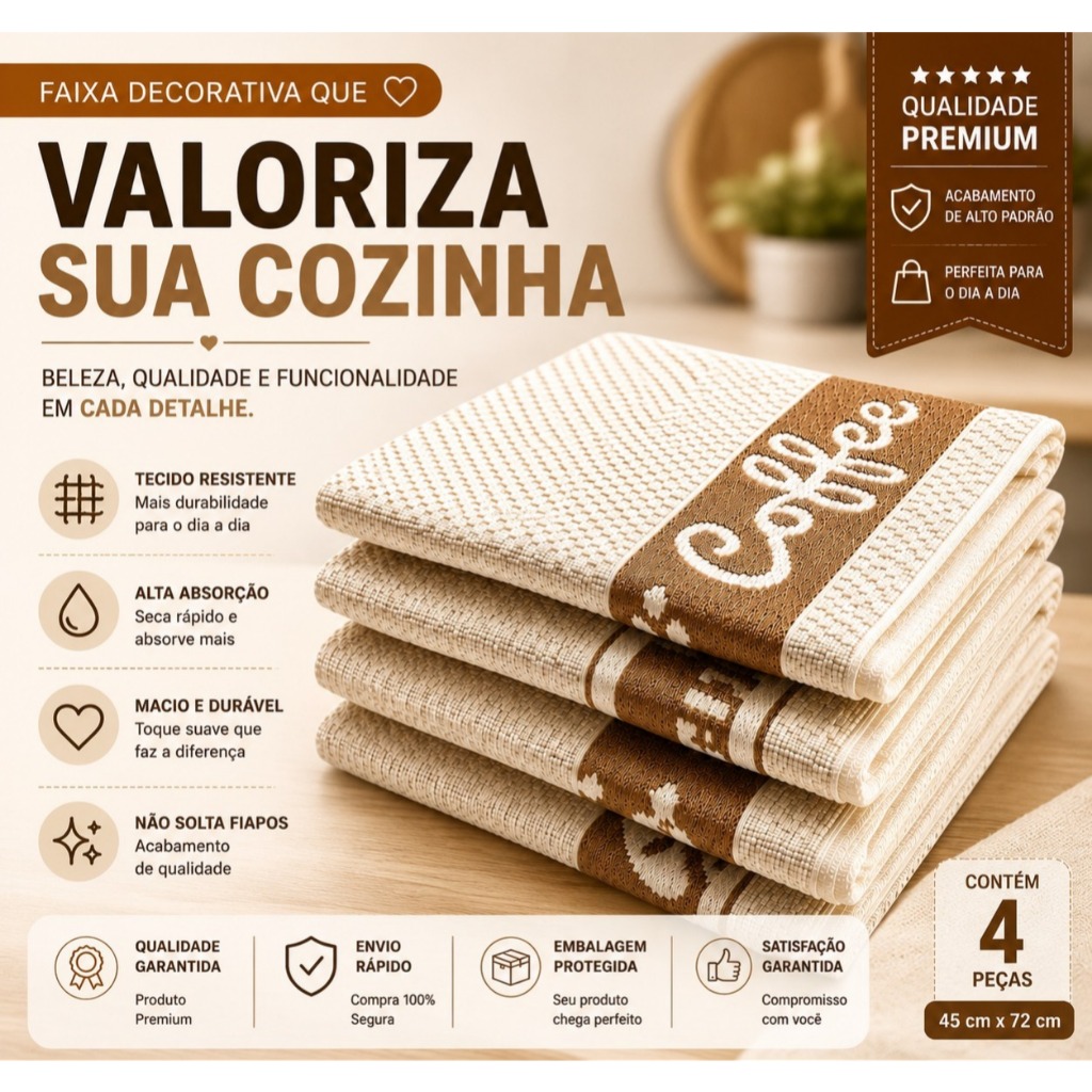 Kit 4 Panos de Copa Atoalhados Jacquard 100% Algodão Premium Alta Absorção Cozinha 45x65cm