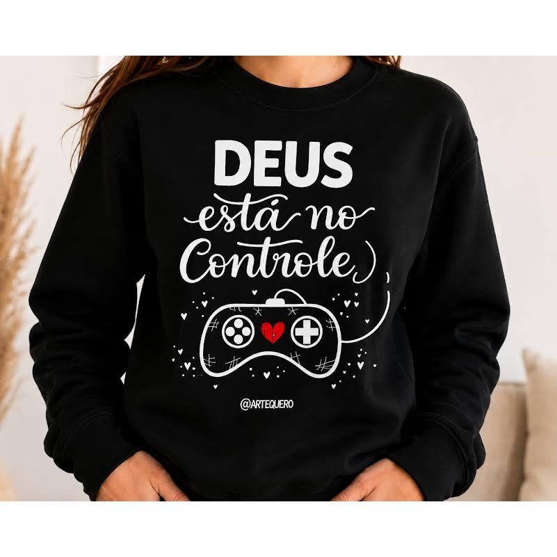 Roupa Feminina De Frio Casaco Moletom Flanelado Preto Estampa Deus No Controle Do P ao XG