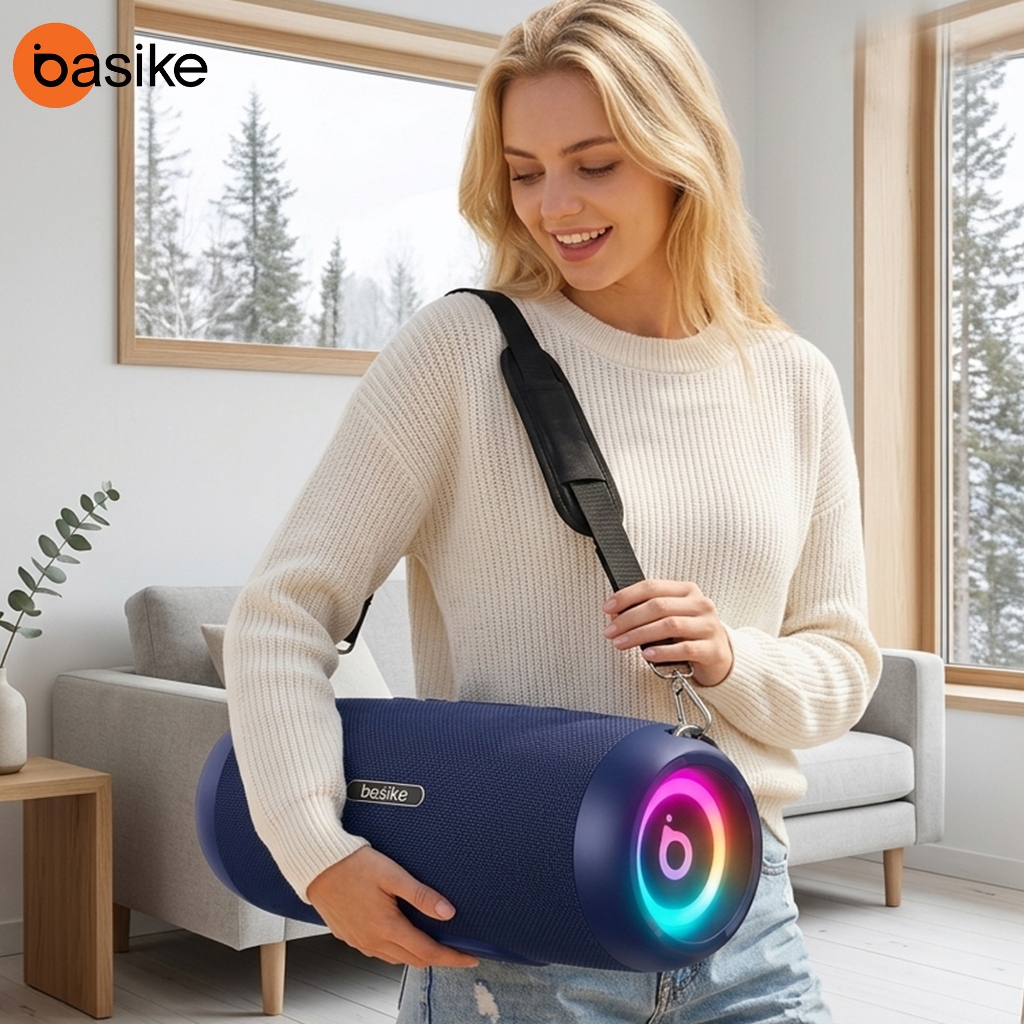 Basike Caixa de Som Boombox 100W + IPX5 + Luzes RGB Bluetooth 5.3, TWS 10.000mAh 12h Grave Forte para Camping/Festa