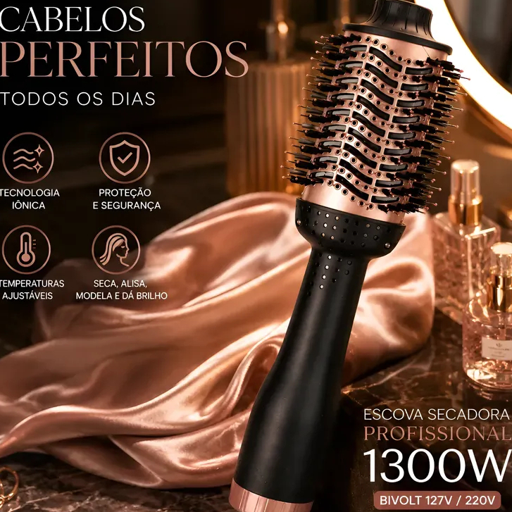 Escova Secadora Profissional 1300W Bivolt Seca Alisa Modela Reduz Frizz e da Brilho Intenso