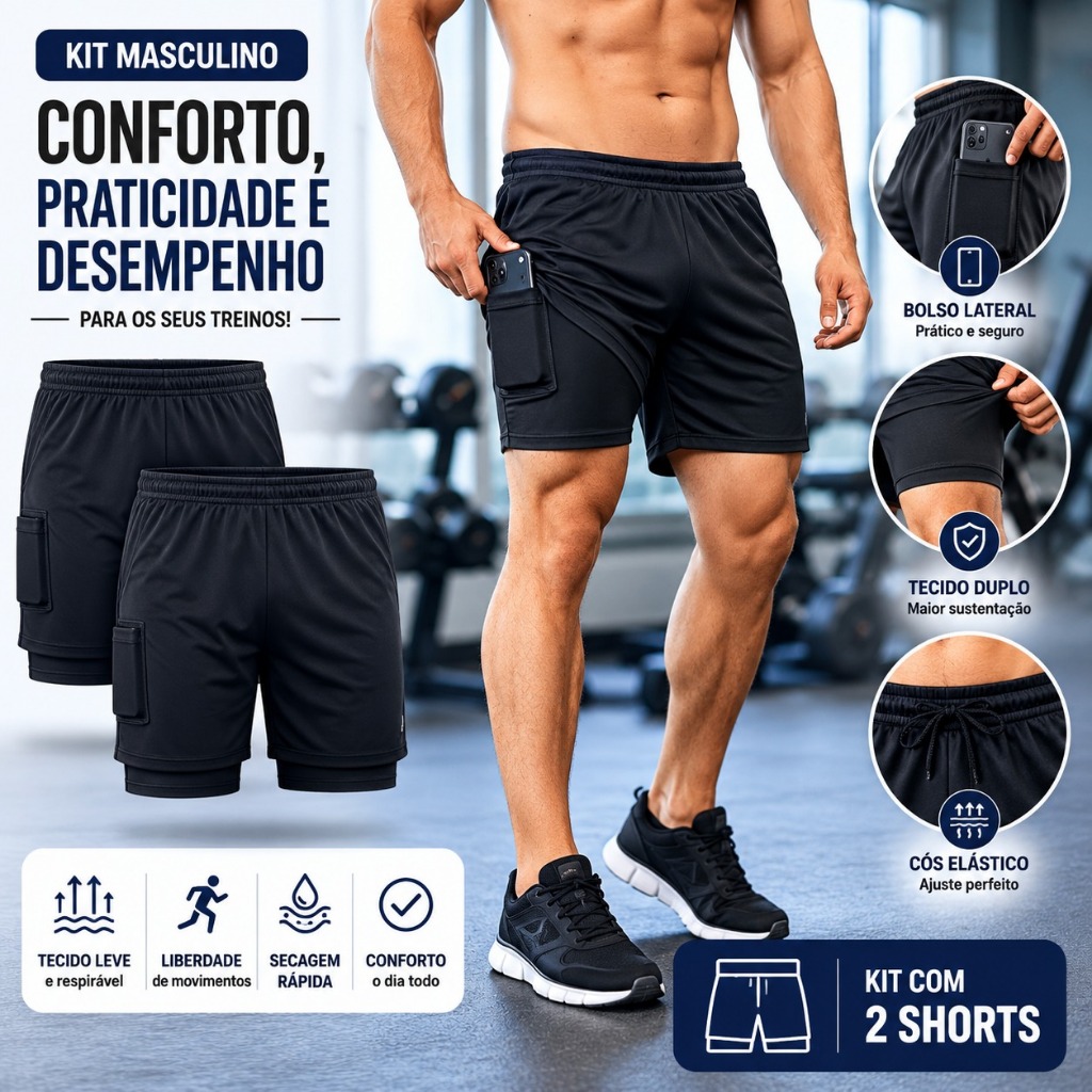 Kit 2 Shorts Bermuda Duplo Compressão Masculino Preto Dryfit Para Academia Corrida Caminhada Esportes