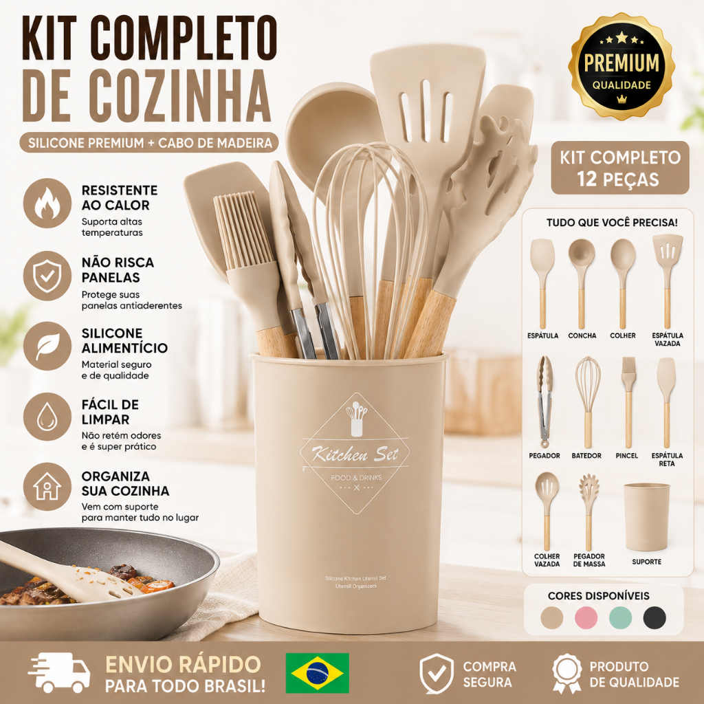 Jogo de Cozinha Kit C/12 Peças de Silicone Utensílios e Copo Suporte para Cozinha Cabo de Madeira zhen