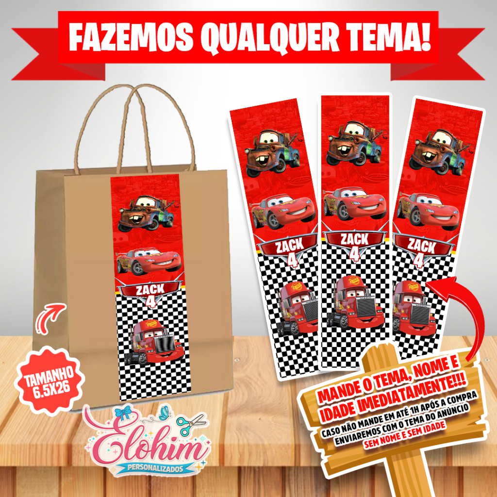 Rótulo Adesivo para personalizar sacolas Kraft / Craft tamanho do adesivo 6,5x26 - Carros Relâmpago McQueen
