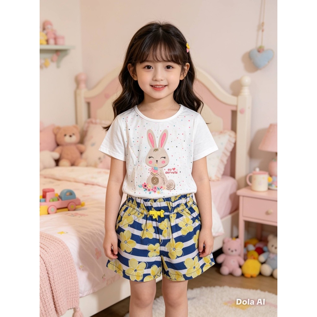 Conjunto Infantil Feminino, (Blusa Mc Desenho + Shorts Listrado Floral), Tam: 4, Marca: Dmbauer