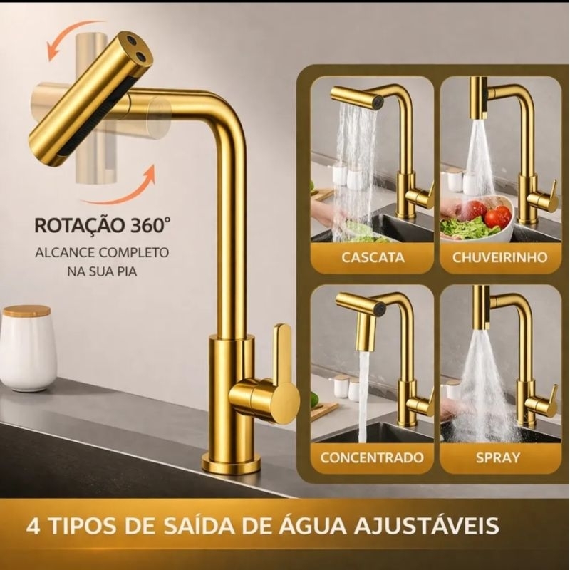 Torneira de Cozinha Gourmet Giratória 360 Água 4 Jatos Rotação Flexível Bancada Mesa