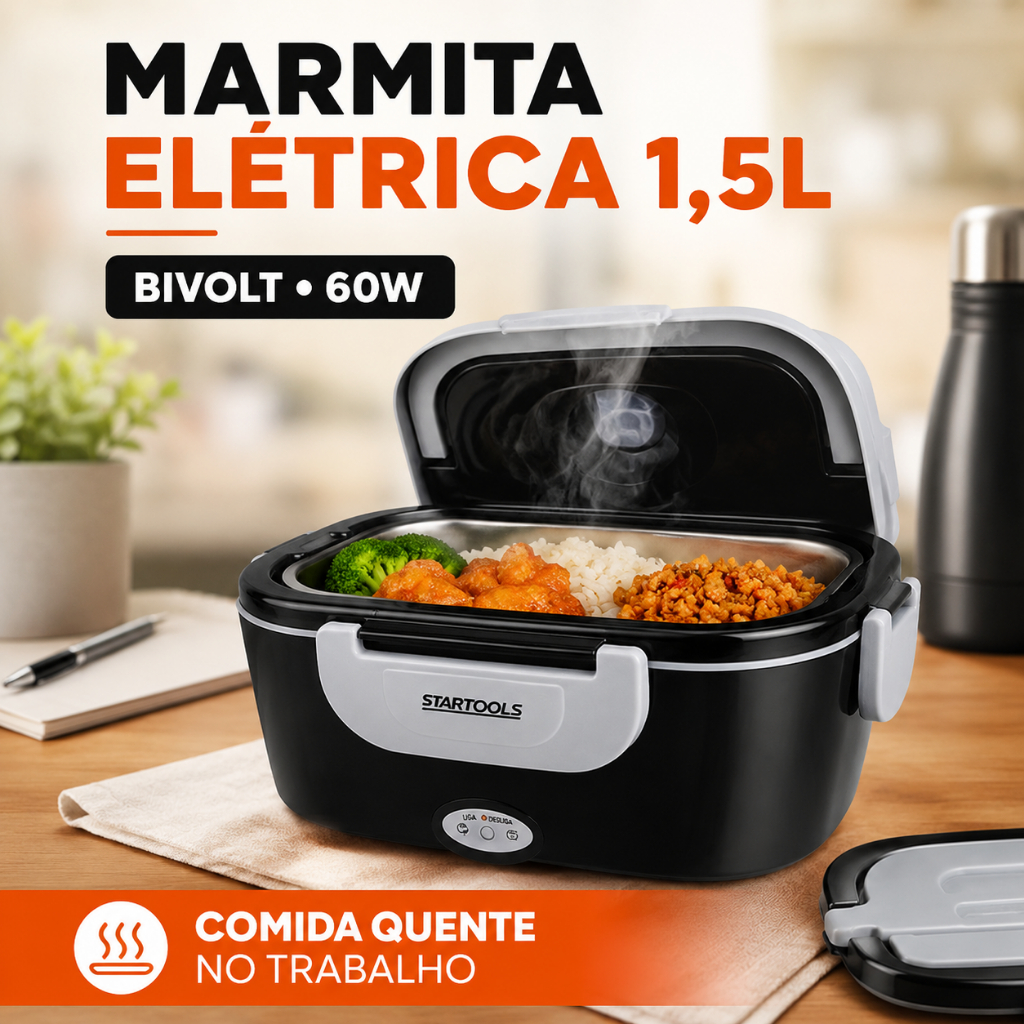 Marmita Elétrica Térmica Bivolt 1,5L 60W Preta Com Colher Marmiteira Portátil Trabalho Viagem