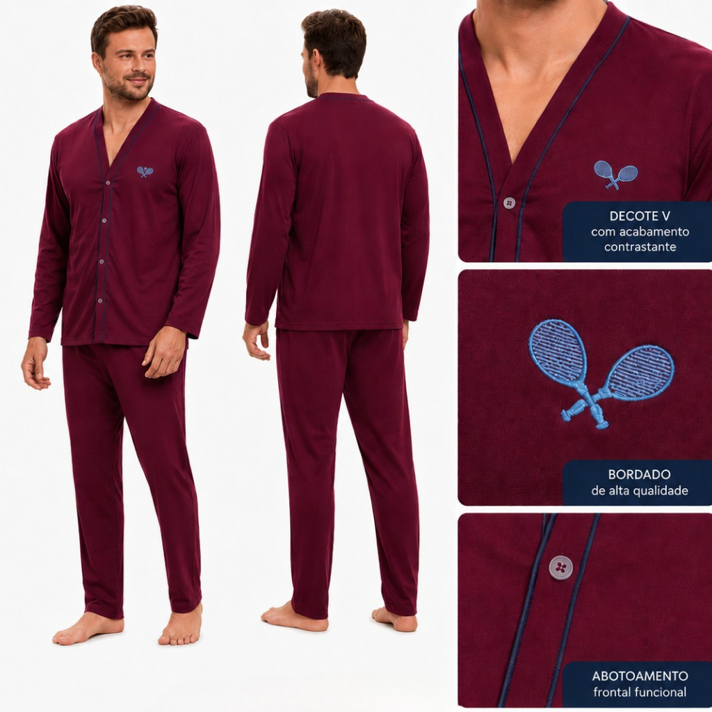 Pijama Masculino Aberto na Frente com Botão Manga Longa e Calça Comprida Conforto — imagem 2 de 2