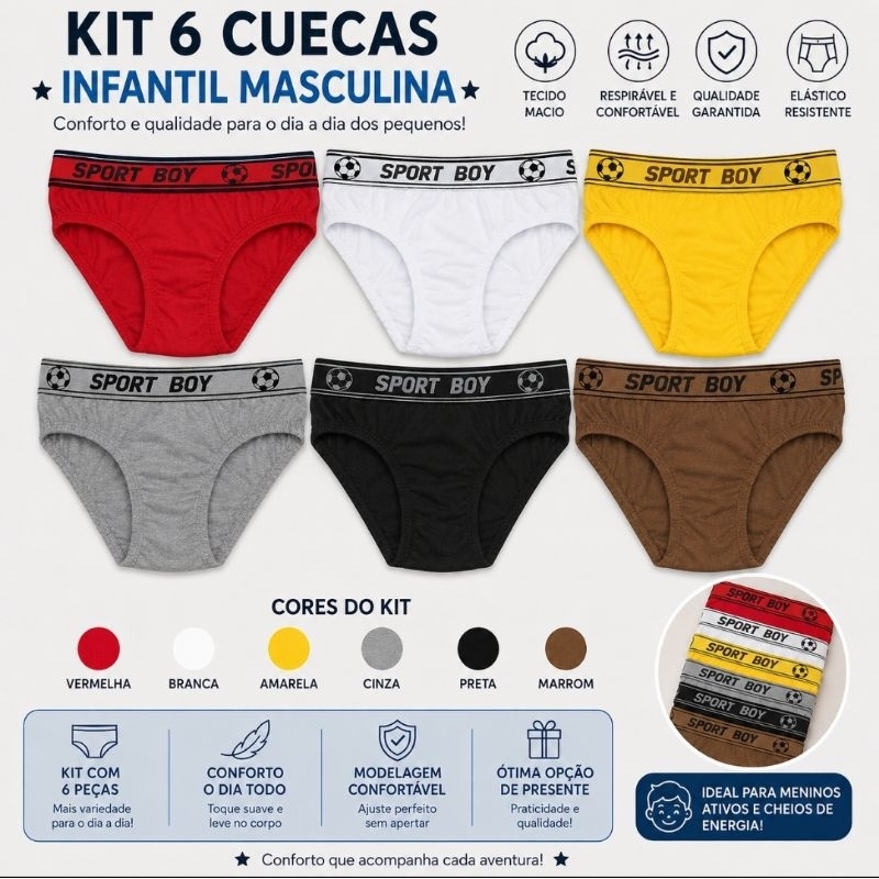 Kit 6 Cuecas Infantil Masculina Algodão Cores Sortidas