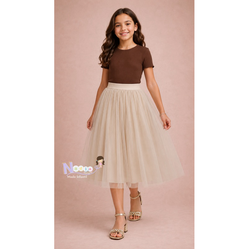 Saia Infantil de Tule Liso – Moda Evangélica – 6 a 14 Anos