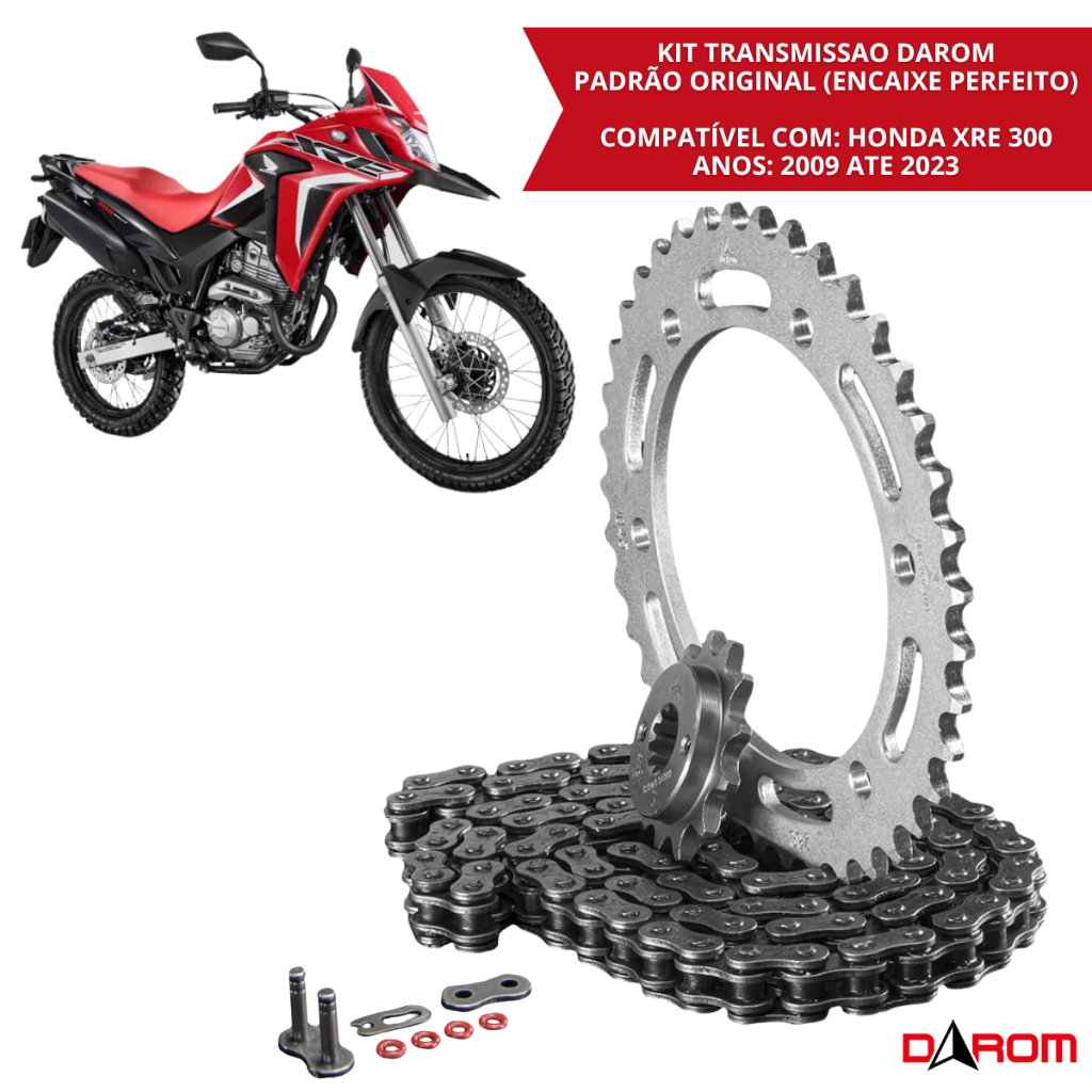 Relação Completa Honda XRE 300 2009 Em Diante Kit Transmissão Com Retentor Corrente Coroa Pinhão Alta Qualidade Darom