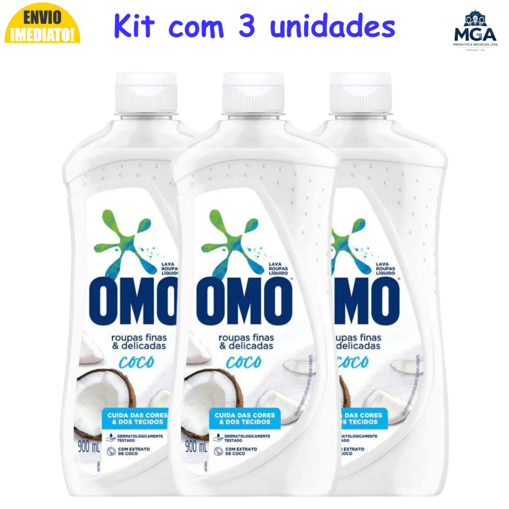 Kit OMO Coco 900ml Sabão Líquido Roupas Finas e Delicadas Hipoalergênico Original
