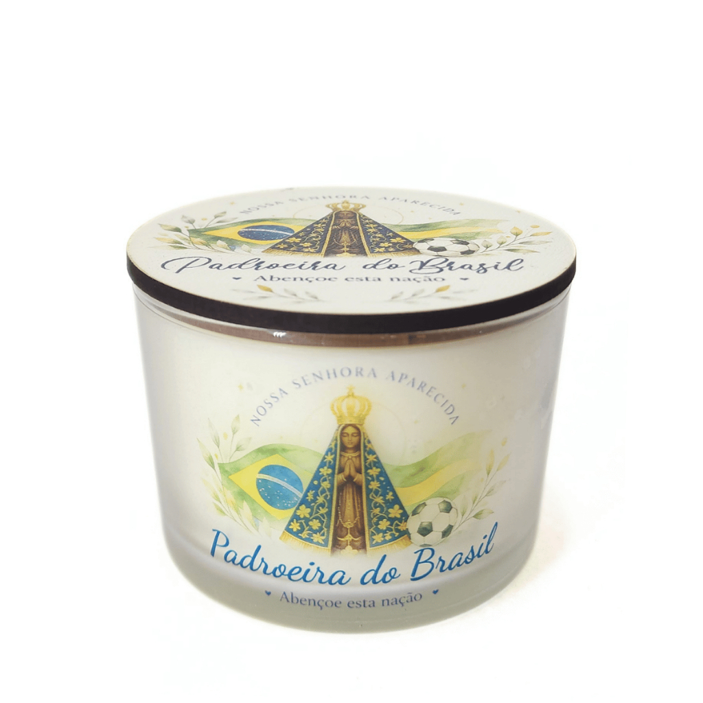 Vela Aromática do Brasil e Aparecida no Copo de Vidro com Tampa Personalizada com Ímã