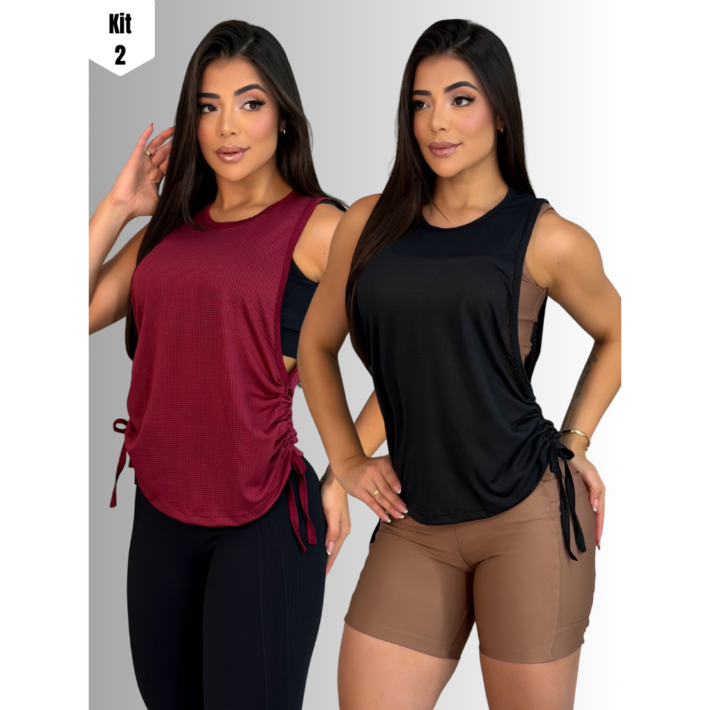 Kit 2 Blusas Dry Fit Feminina Fitness Decote Lateral Tapa Bumbum Top Regata Treino Academia