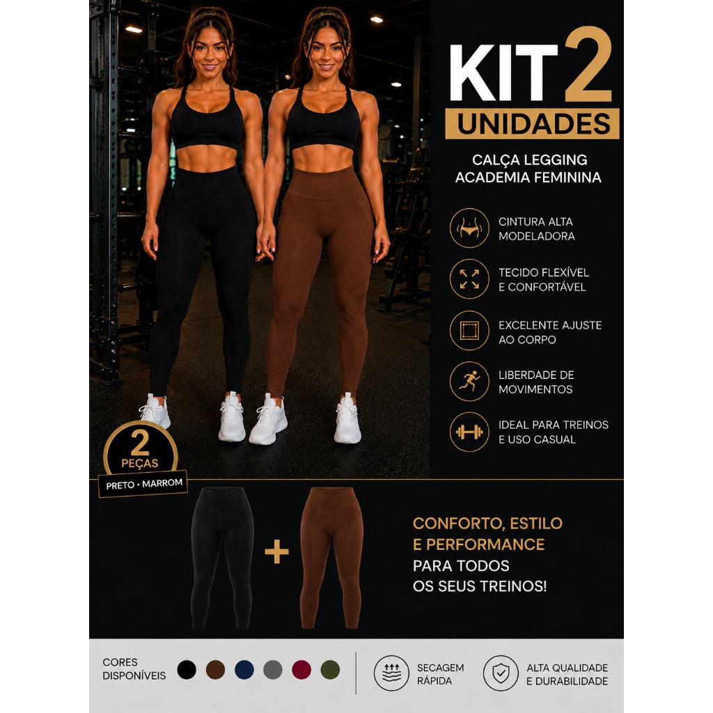 Kit 2 Calças Legging Feminina Academia Cintura Alta Fitness Suplex Modeladora Treino Yoga Corrida