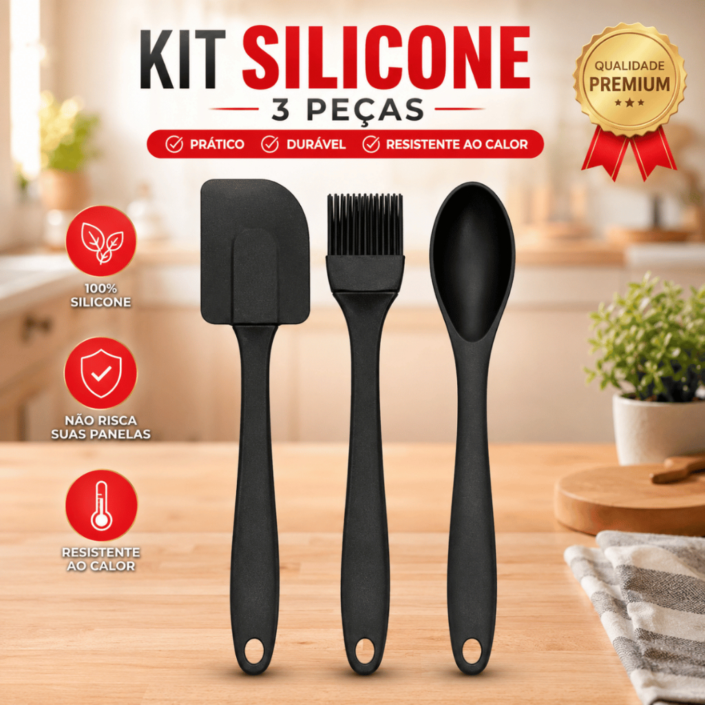 Kit 3 Utensílios de Silicone Colher Espátula Pincel Cozinha Completo Alta Qualidade Antiaderente