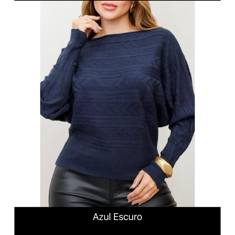 Blusa Feminina Tricô Texturizado Gola Canoa Manga Longa Morcego Elegante Inverno