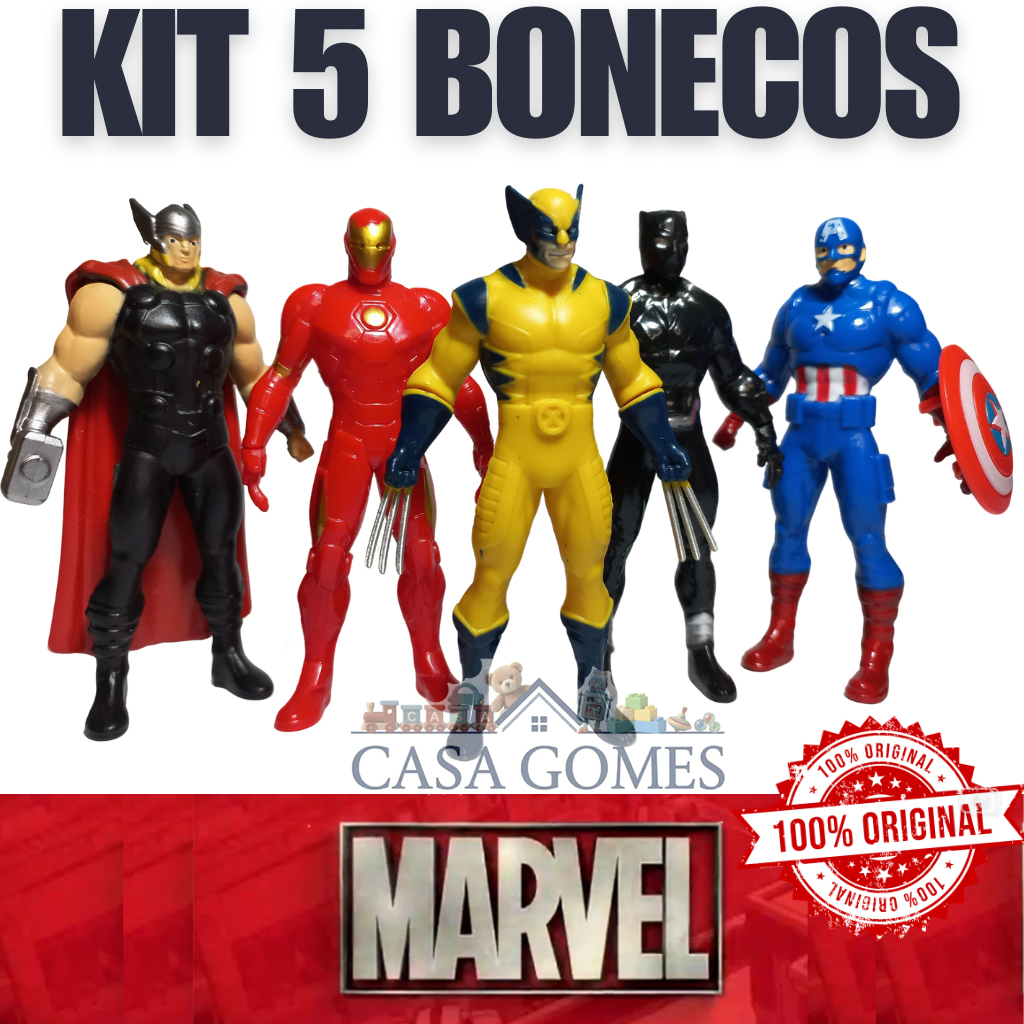 Kit 5 Bonecos Marvel Vingadores Thor Homem de Ferro Wolverine Pantera Negra Capitão América