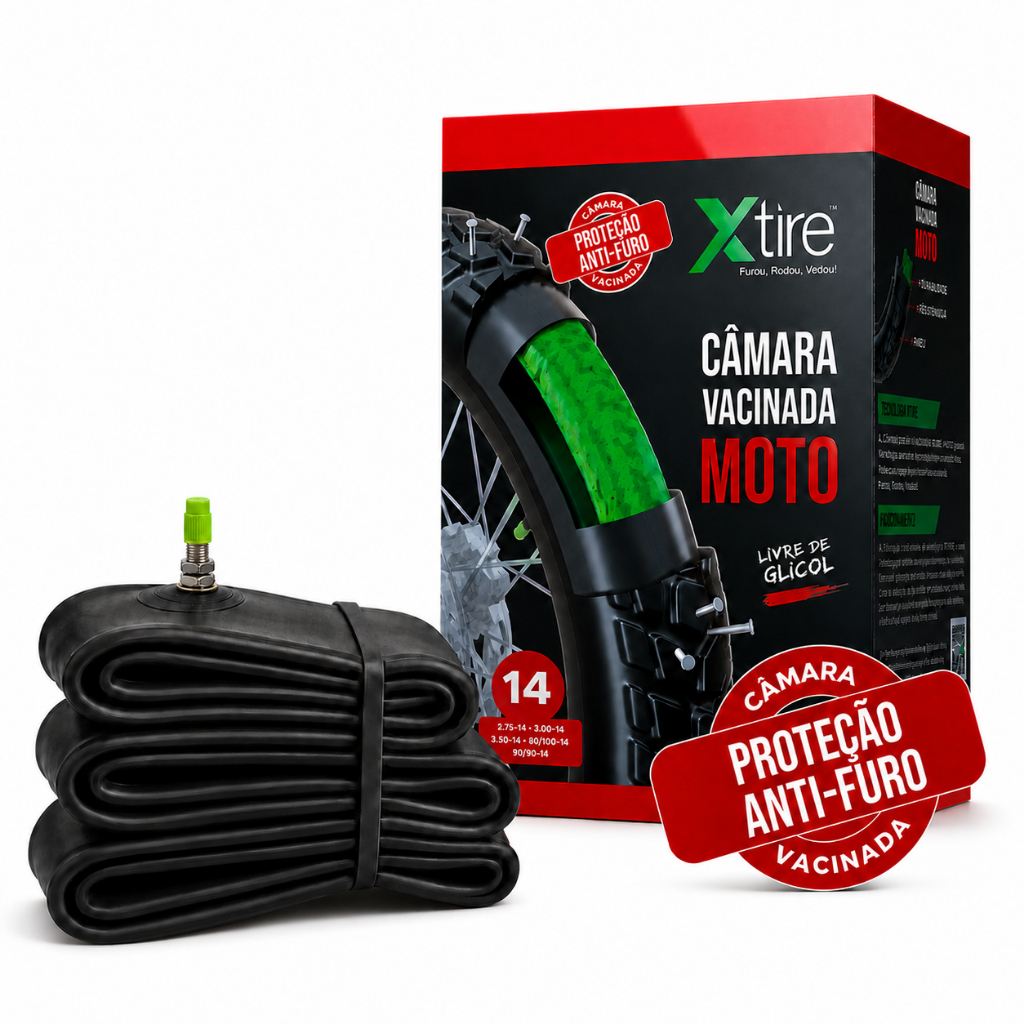 Câmara de Ar Para Moto Aro 14 Com Vacina de Pneu Xtire Selante Preventivo Antifuro CVM14  P/ Honda Biz Pop Crypton