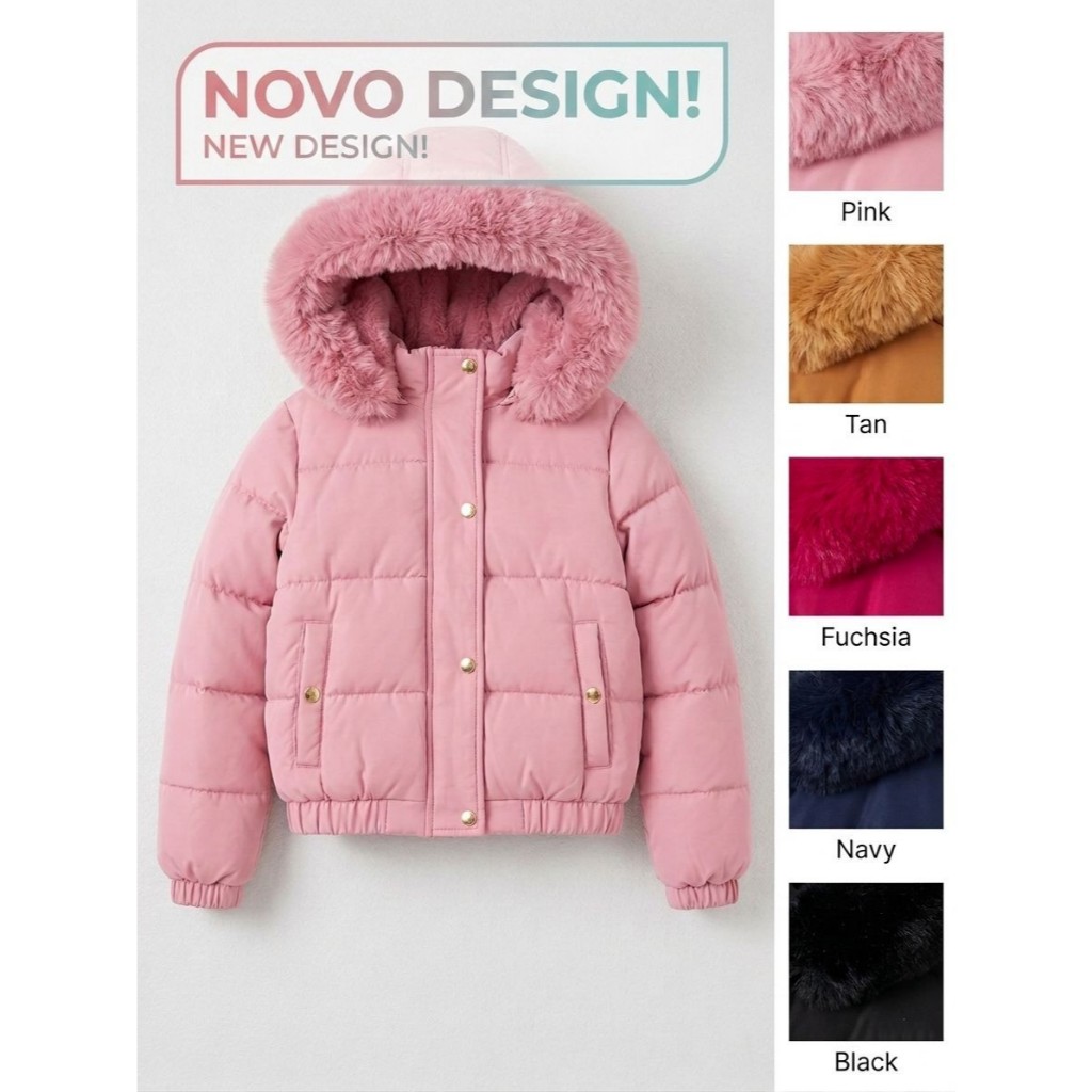 Jaqueta Puffer Infantil Menina Com Capuz De Pelo E Forro Soft Térmica