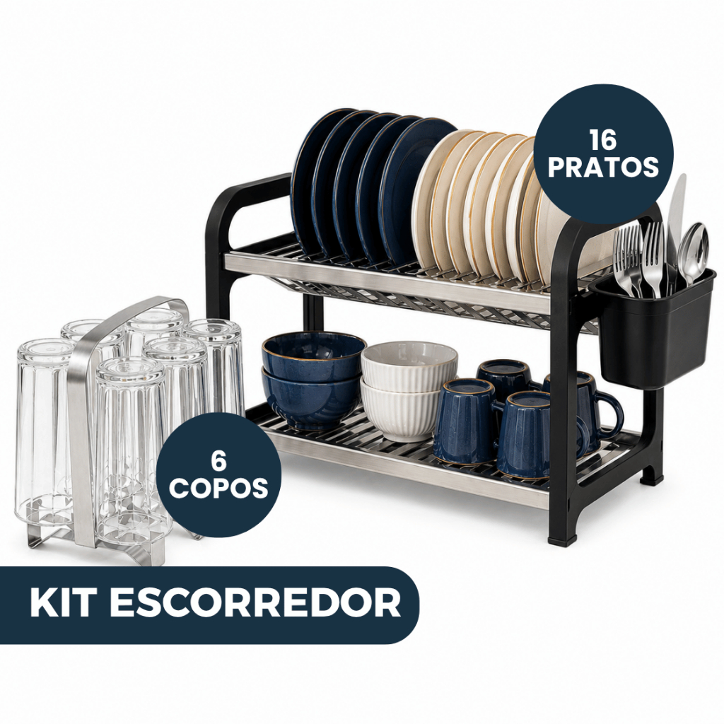 Kit Escorredor Louça 16 Pratos Inox Preto Porta Talheres + Escorredor Porta Copos Inox 6 Un Pia