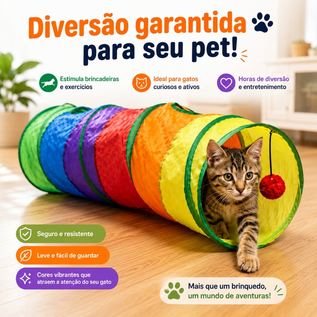 Túnel Para Gatos Colorido 1,15m Brinquedo Interativo Pet Dobrável Para Cães e Gatos Túnel Toca Labirinto Sanfonado Gatos