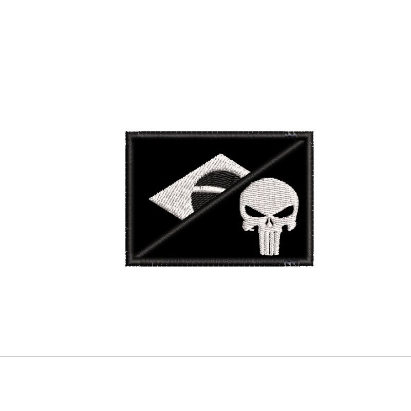 PATCH BORDADO BRASIL COM CAVEIRA JUSTICEIRO 5 X 7 CM COM VELCRO BANDEIRA JUSTICEIRO COM VELCRO BORDADO BANDEIRA TÁTICA