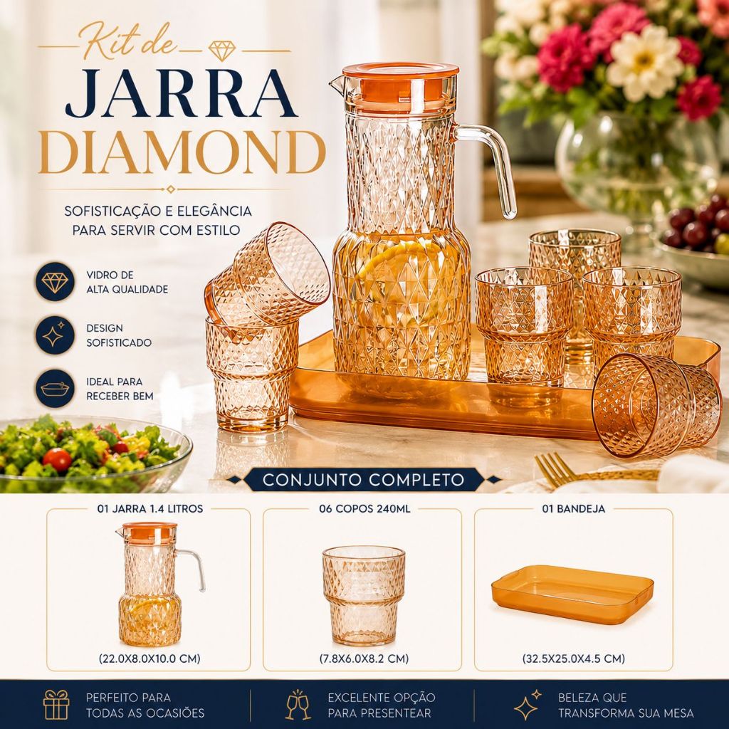 Kit Jarra De Vidro Diamond com 6 Copos de 240ml Le Bianco