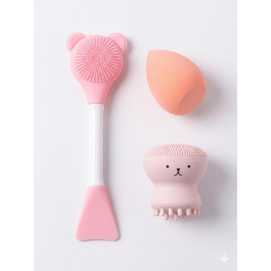 Kit de Beleza 3 em 1 com Esponja Makeup, Escova Facial e Massageador de Silicone Premium Skin Care