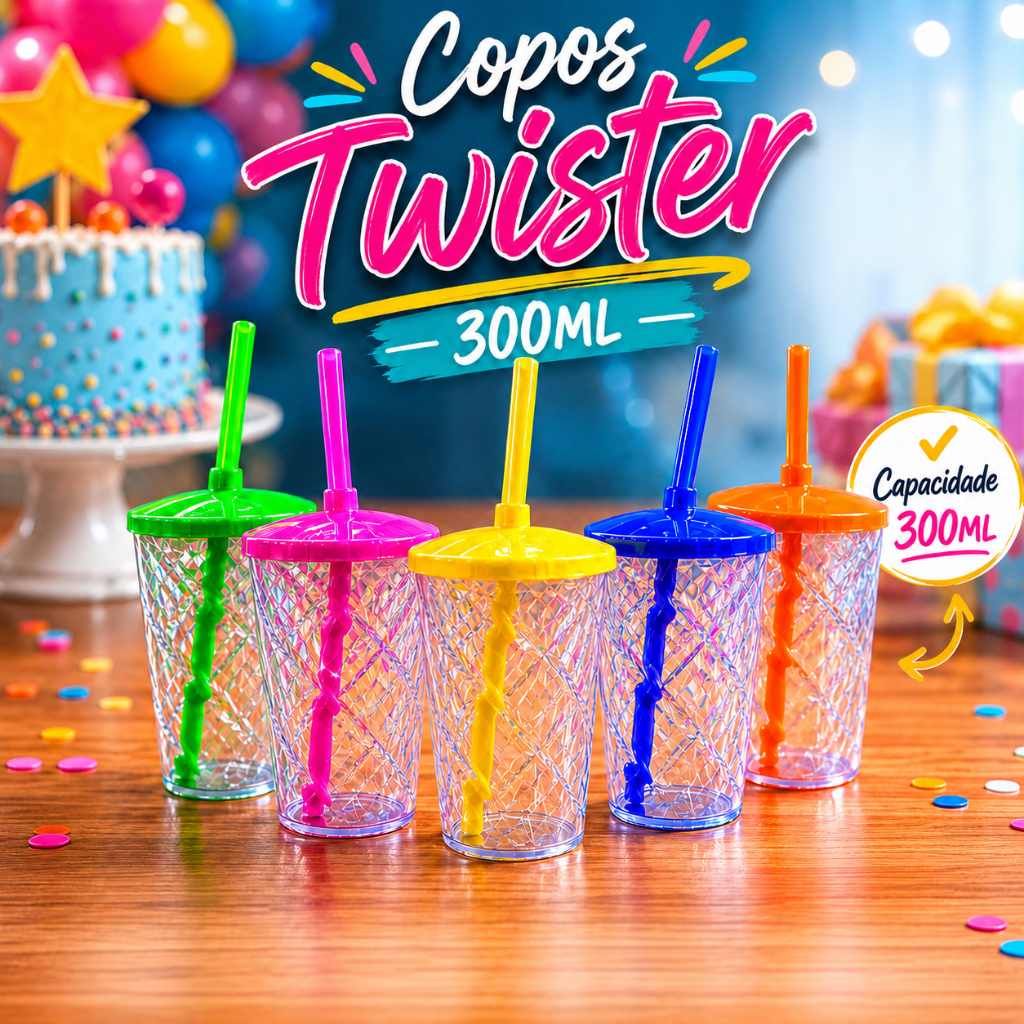 KIT 20 COPOS TWISTER 300ML CRISTAL COM TAMPA E CANUDO PARA PERSONALIZAR ADESIVAR FESTA