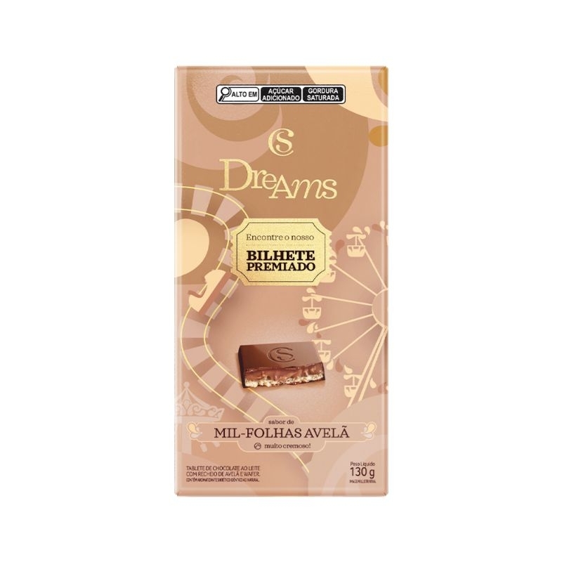 Barra De Chocolate Bilhete Dourado Cacau Show Dreams Mil-Folhas Avelã 130g Edição Especial