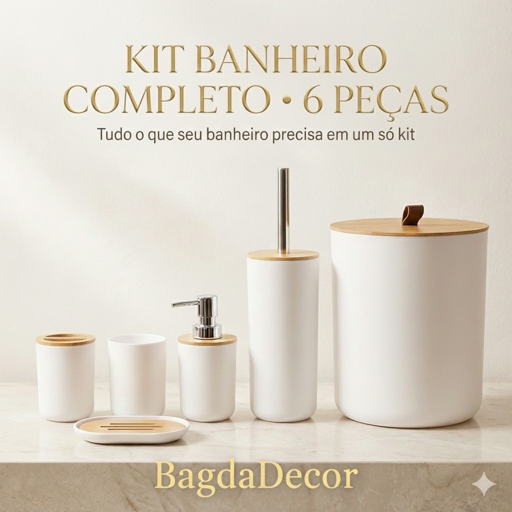 Kit Banheiro Luxo 2/4/6 Peças Canelado Branco/Preto Fosco com Bambu 🛁 Sofisticação e Organização