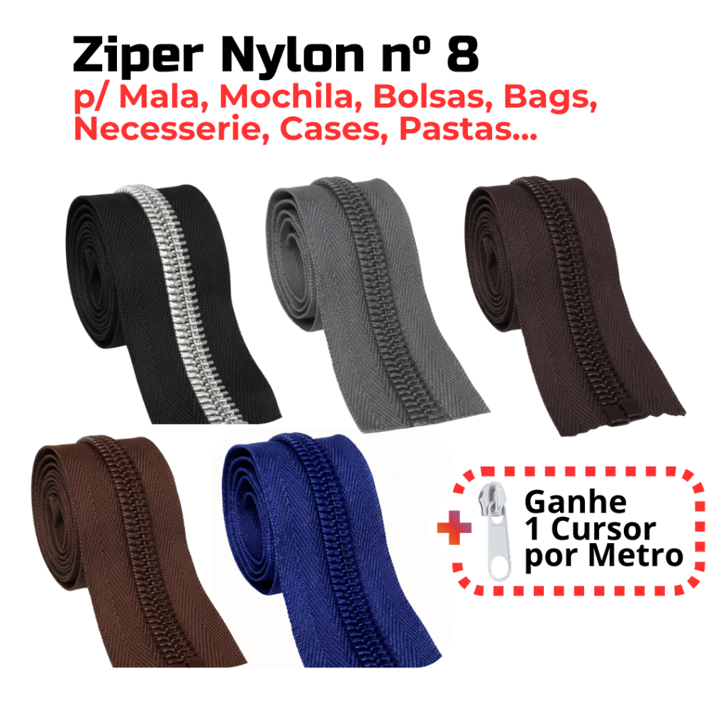 Ziper nº8 para Mala, Bolsa, Mochila, Bags, Necesserie, Case cor Preto, Marrom, Café e Cinza