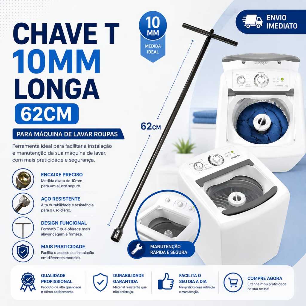 Chave T Longa 62CM 10mm para Abrir Agitador de Máquina de Lavar Roupas Uso Universal